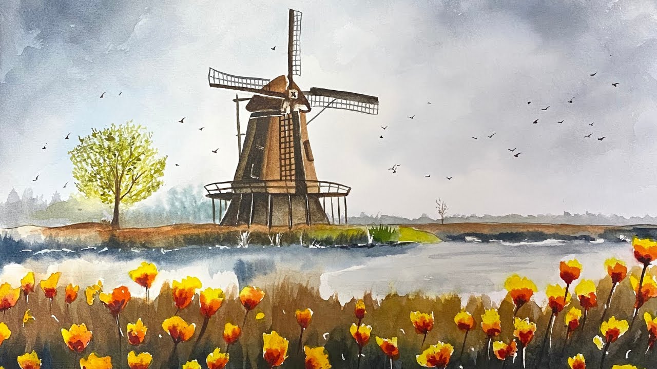 🌷 Windmill & Tulips Watercolor Landscape 🎨 | Easy Painting for Beginners