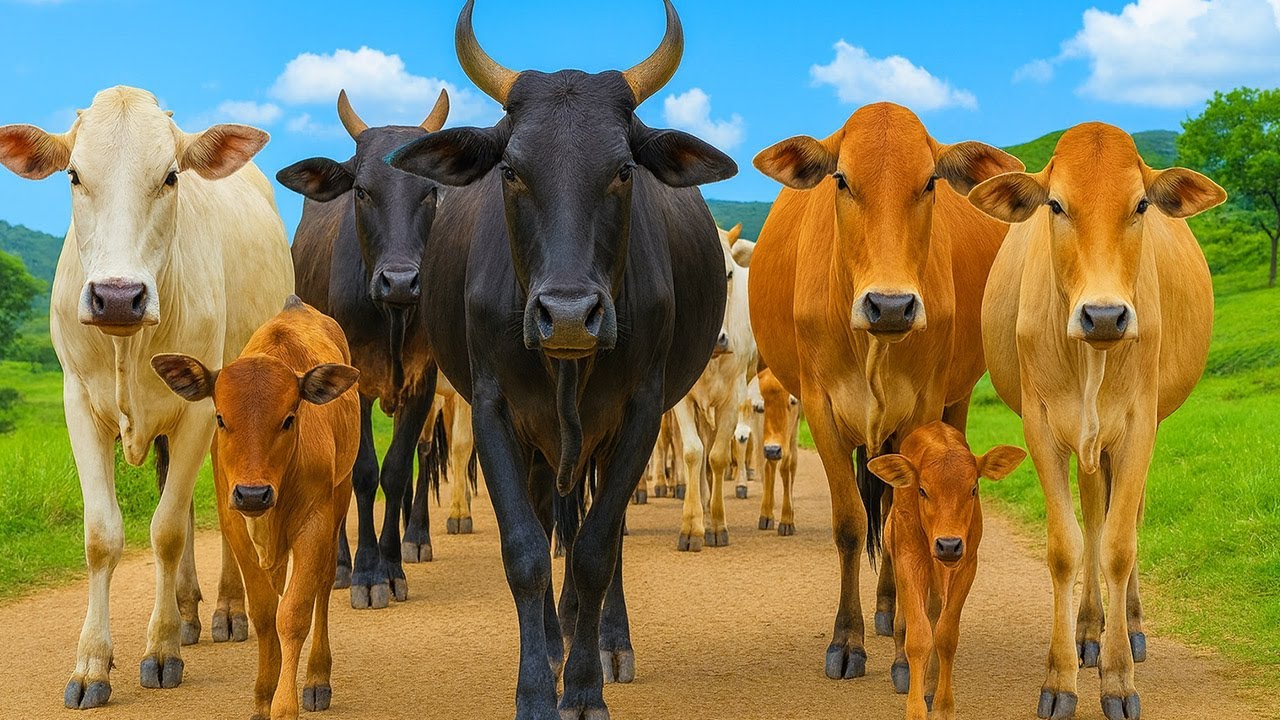 Aktivitas Sapi Lembu Berlari di jalan, Suara Sapi Moo, Sapi lucu menuju ladang rumput di pagi hari