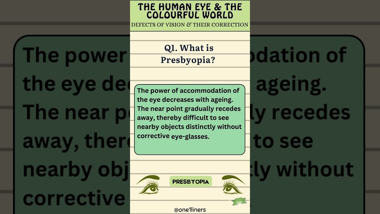 Q1. What is Presbyopia? The Human Eye and the Colourful World I one1liners #sciencemcq #presbyopia
