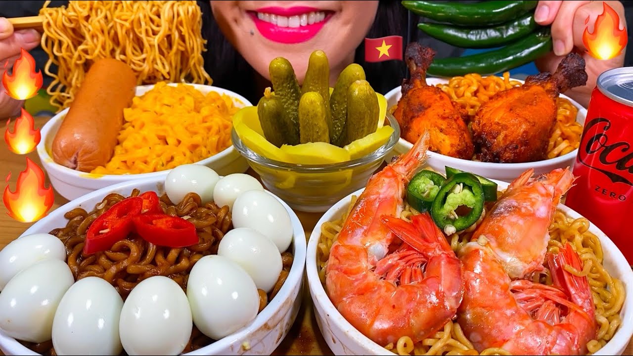 ASMR 4 KINDS OF NOODLES + GRILLED CHICKEN, RED SHRIMPS, EGGS, SAUSAGE MASSIVE Eating Sounds