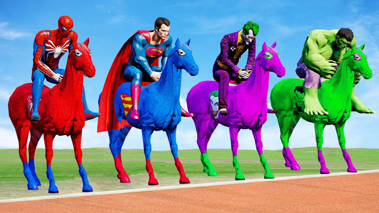حصان الابطال الخارقين سباق الخيول باركور سبايدرمان الملون - SPIDERMAN COLOR HORCE CHALLENGE ANIMALS