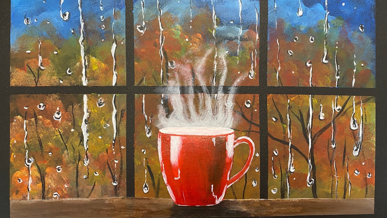 Easy Acrylic Painting | Red Coffee Mug Painting | Autumn Painting | Rainy Day Painting