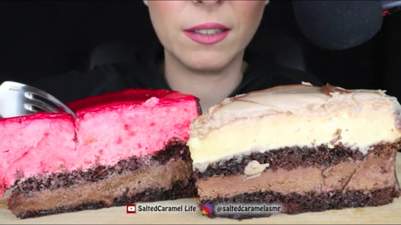SaltedCaramel ASMR cookies and cream strawberry mousse cake mukbang bites only