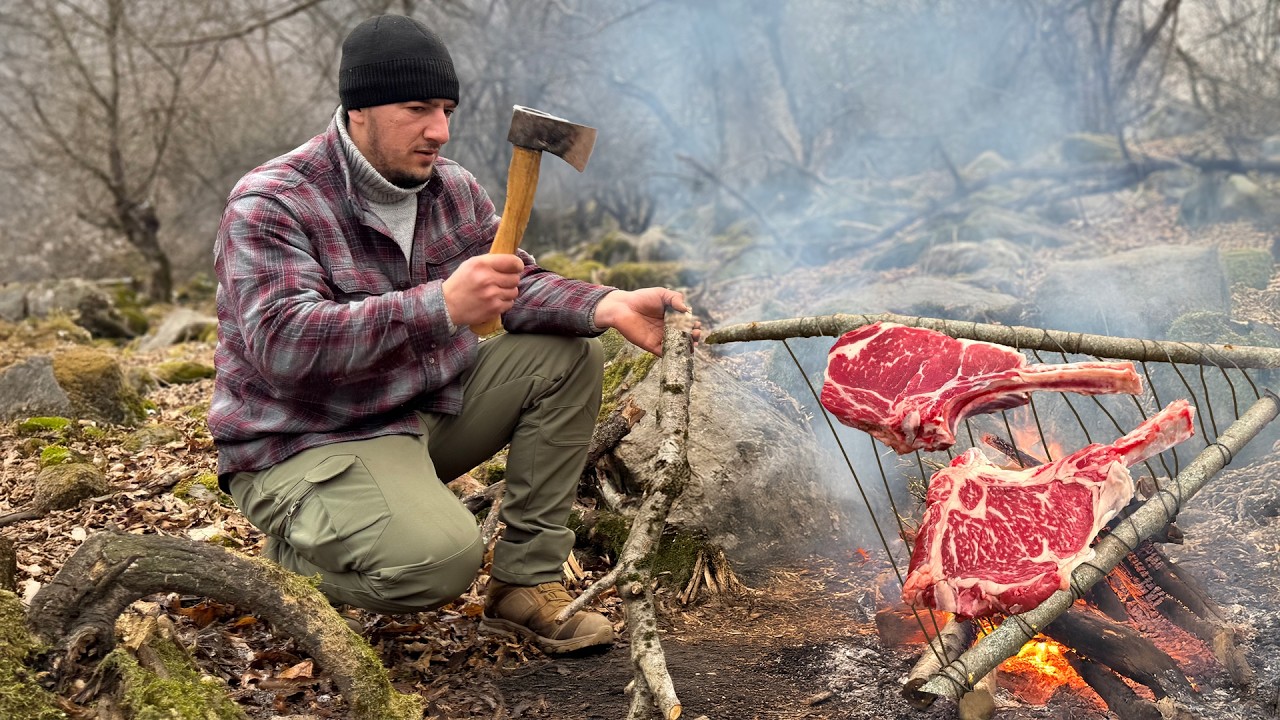 Primitive Steak Grilling in The Forest! Juicy Tomahawks Over Open Fire
