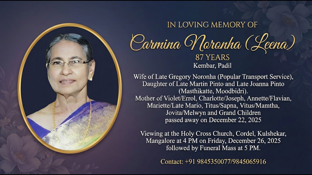 Funeral Ceremony of Carmina Noronha (Leena) (87) |  Live from Holy Cross Church, Cordel, Kulshekar