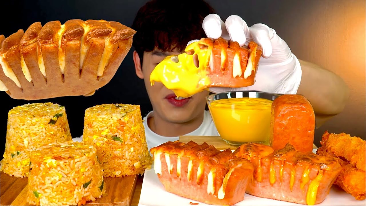 ASMR 컵라면 볶음밥과 모짜렐라 통스팸 바삭한 새우튀김 치즈소스찍먹방!Spicy Ramen Fried Rice With Cheese Spam Cheese Sauce MuKbang