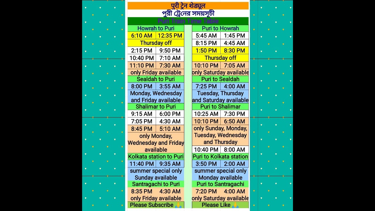 #kolkata #puri #train time table । কলকাতা পুরী ট্রেনের সময়সূচী #howrah #sealdah #train #shorts