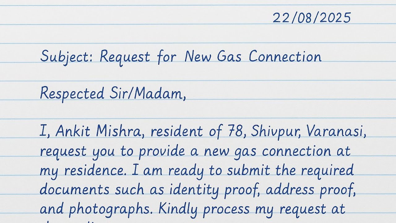 Application for Gas Connection in English | Short Letter Writing | Notebook Style Handwriting