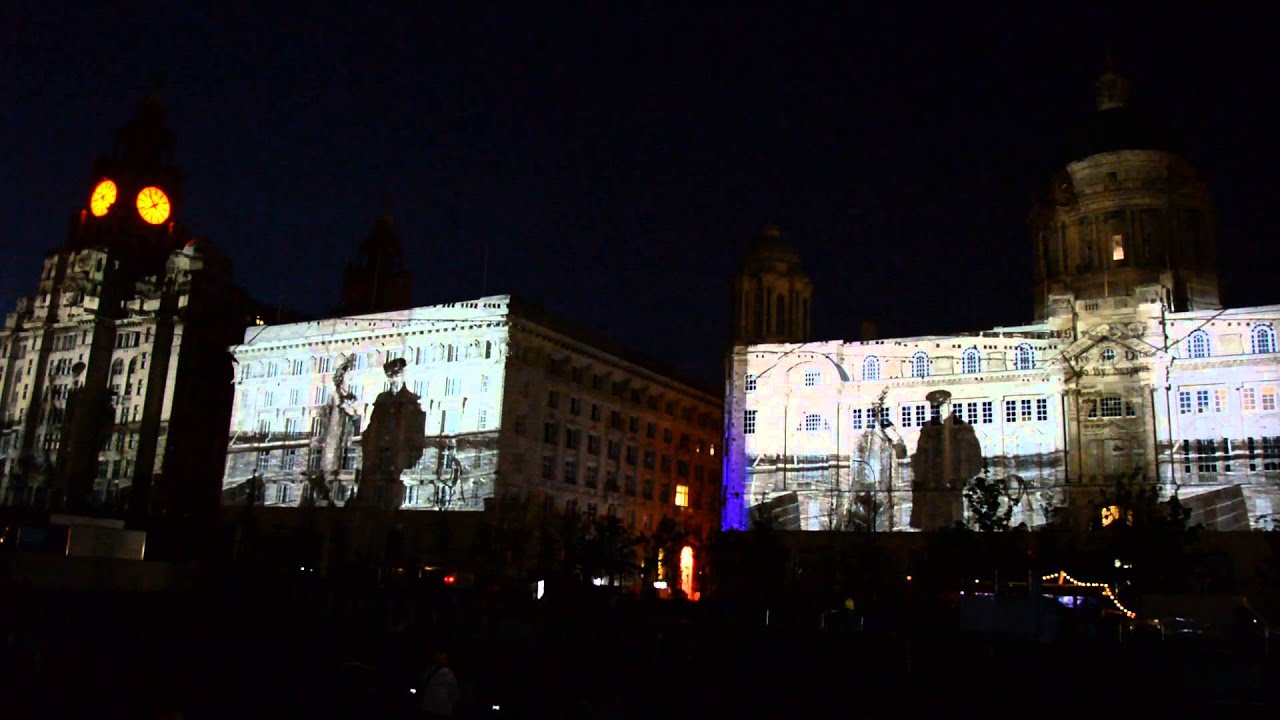 Liverpool's Pier Head. Sound & Light experience for Cunard's Three Queens visit.