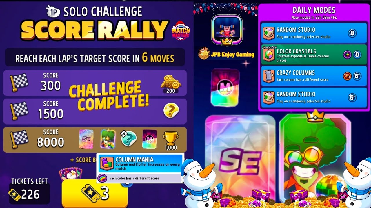 Solo Challenge Score Rally 6 move Column Mania+Rainbow8000 Score/ Crazy Columns+5 Colors Daily Mode.