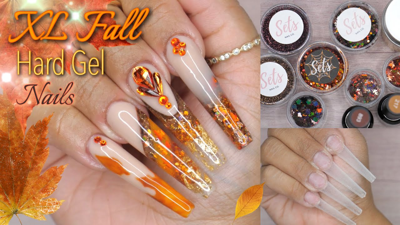 XL Fall Hard Builder Gel Nails | XL Coffin Nail Design | Hard Builder Gel Nails Tutorial