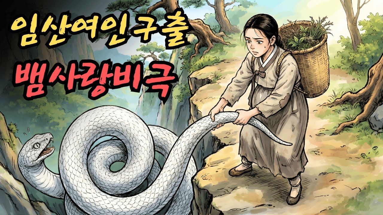 임신한 여인이 약초를 캐러 산에 갔다. 우연히 절벽에 갇힌 흰 뱀을 구하게 되고, 여인과 뱀 사이에 비극적인 사랑 이야기가 피어난다. | 민담 | 전설 | 설화 | 옛날이야기