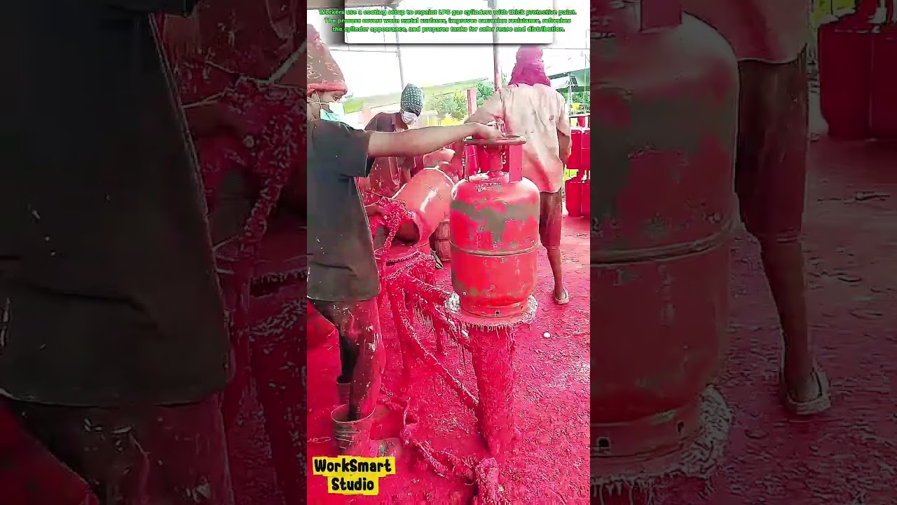 Workers Gas Cylinder Painting : How Coating Machines Restore LPG Tanks Fast