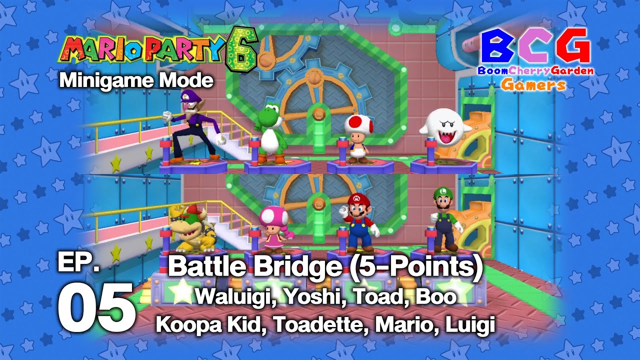 Mario Party 6 SS2 Minigame EP 05-Battle Bridge-Waluigi,Yoshi,Toad,Boo-Koopa Kid,Toadette,Mario,Luigi