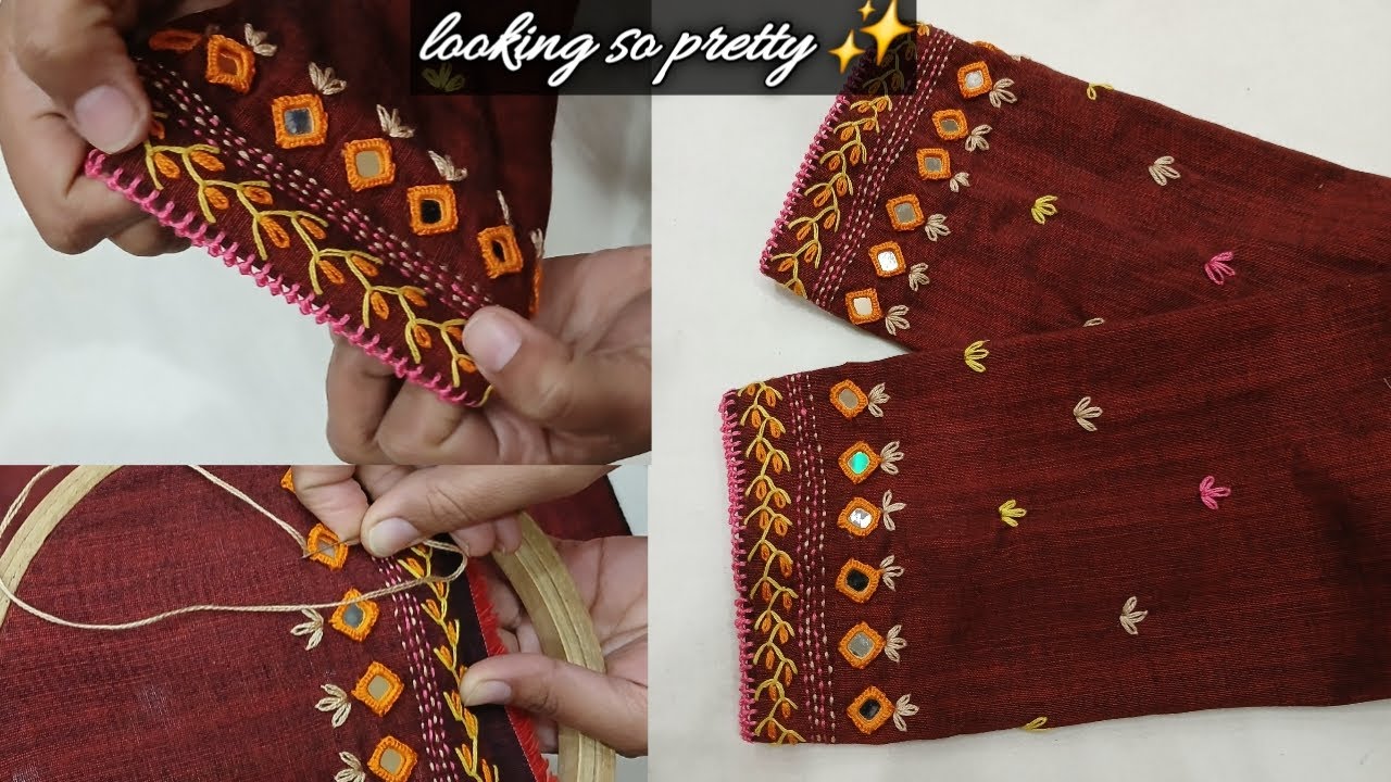 How to make hand made Lace/Beautiful Embroidery sleeves design/mirror work /stitch and knot