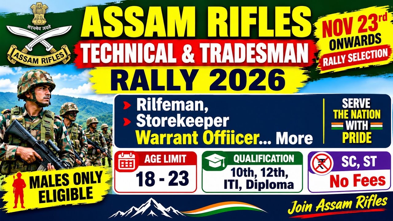 🔥Assam Rifles Technical & Tradesman Rally 2026  | Rifleman, Storekeeper | 10th, 12th, ITI, Diploma