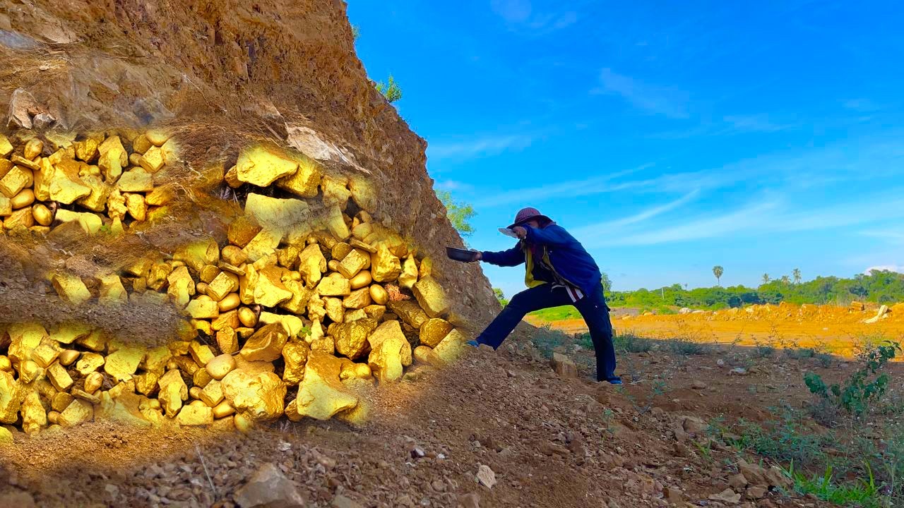 Amazing finding gold! gold hunter found a lot of gold treasure near river at mountains