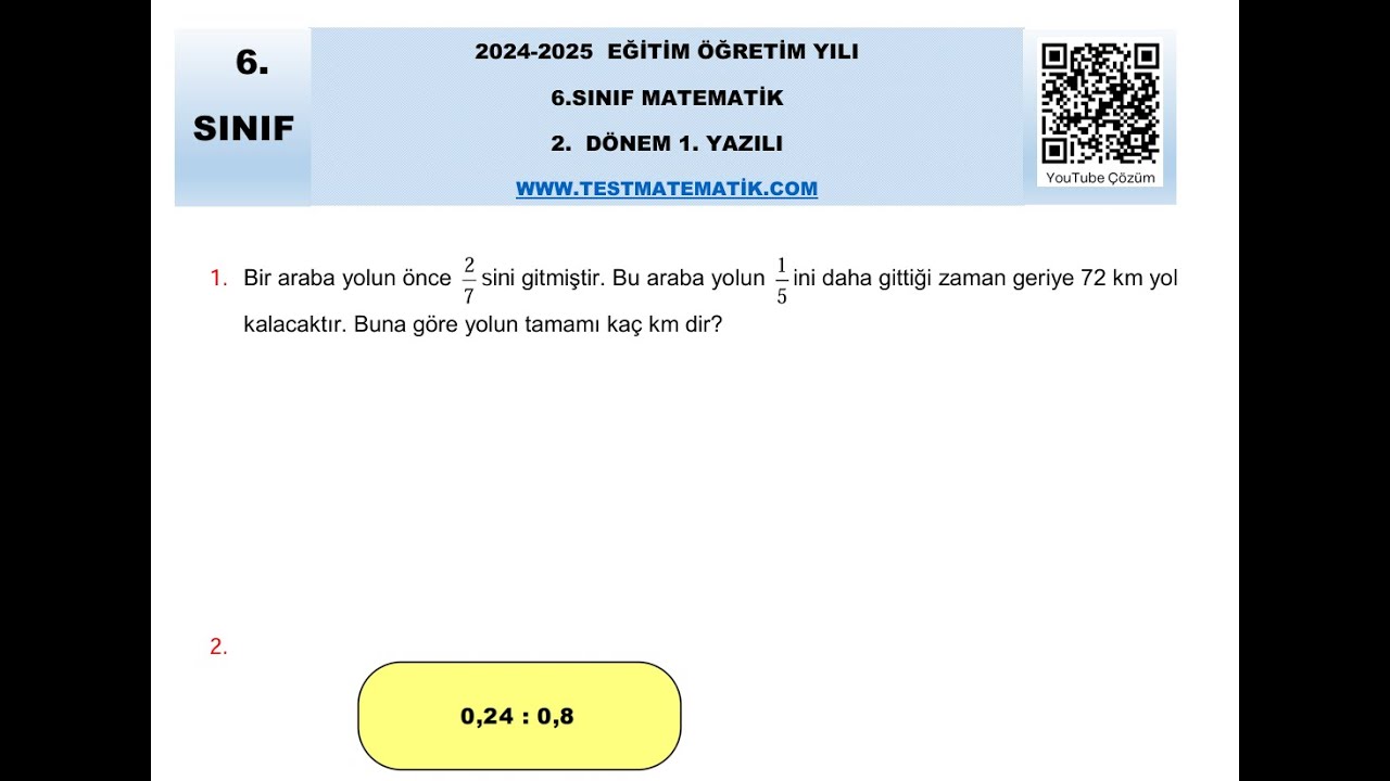 6.Sınıf Matematik 2.dönem 1.Yazılı Sınav Örneği