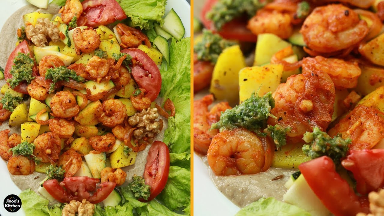 Dinner under 30 mins : Grilled Prawns, Cumin Potatoes, Mushroom Yogurt Spread & Walnut Pesto Recipe