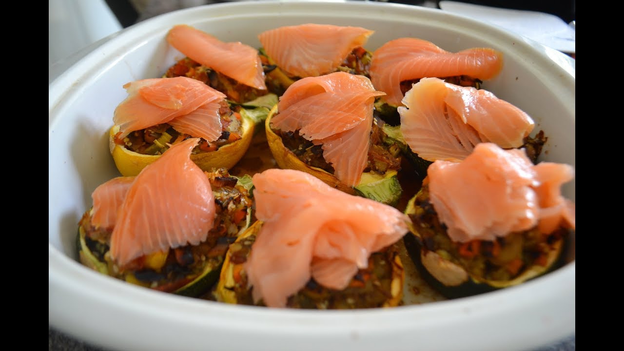 Stuffed Zucchini with Vegetables and Smoked Salmon