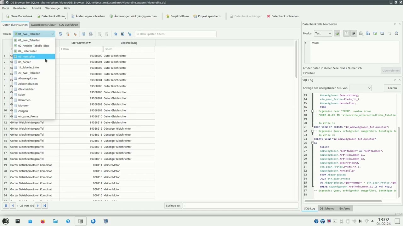 Tabellen erstellen und Preise anzeigen in DB Browser for SQLite