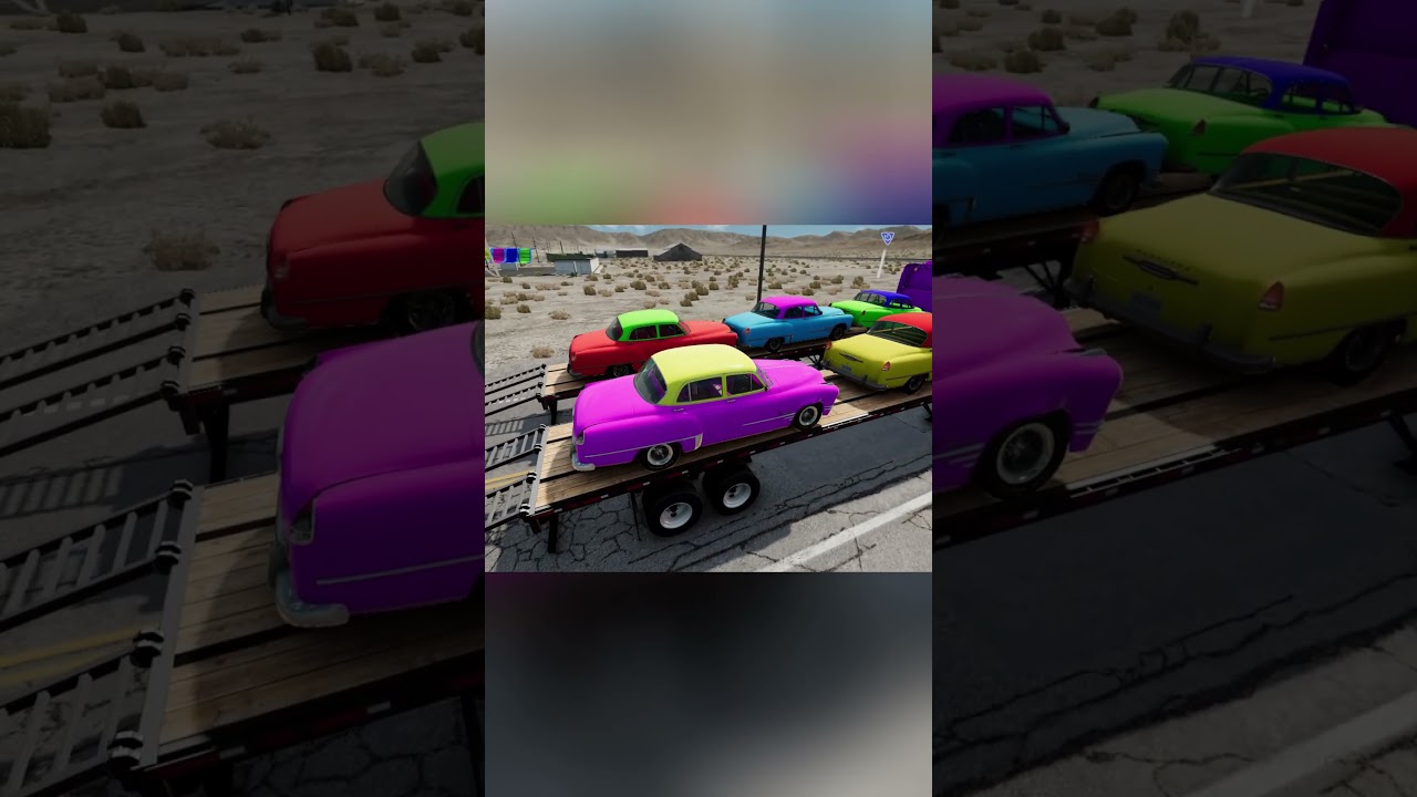 Flatbed Trailer Truck Rescue Cars vs Speed Bumps - Train vs Cars [BeamNG Drive]