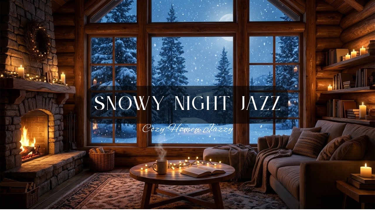 Snowy Winter Night ❄️ Cozy Smooth Jazz with Cabin Fireplace Ambience For Deep Focus & Relaxation