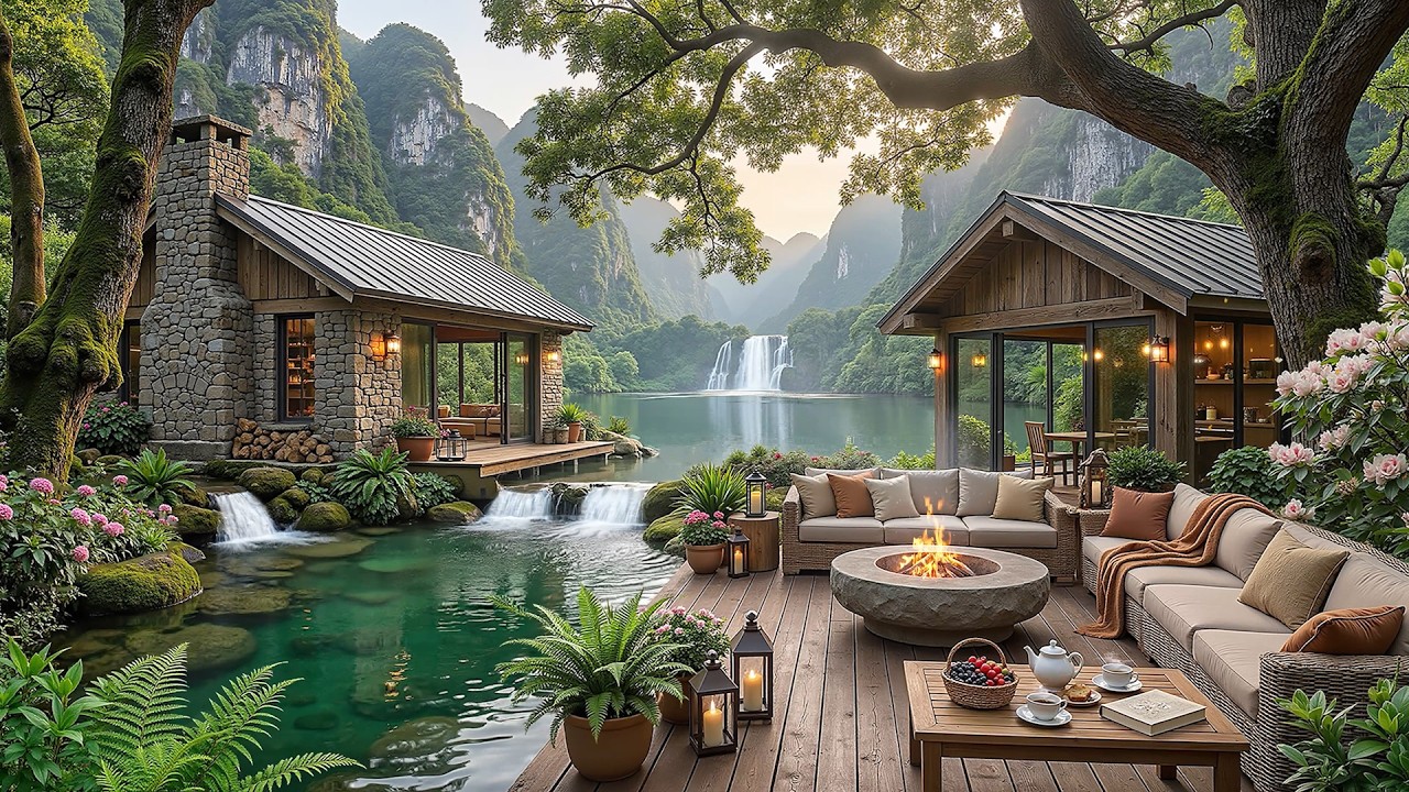 Elegant Morning Jazz at Hidden Waterfall Cabin Café ☕Relaxing Jazz & Mountain Retreat For Relaxation