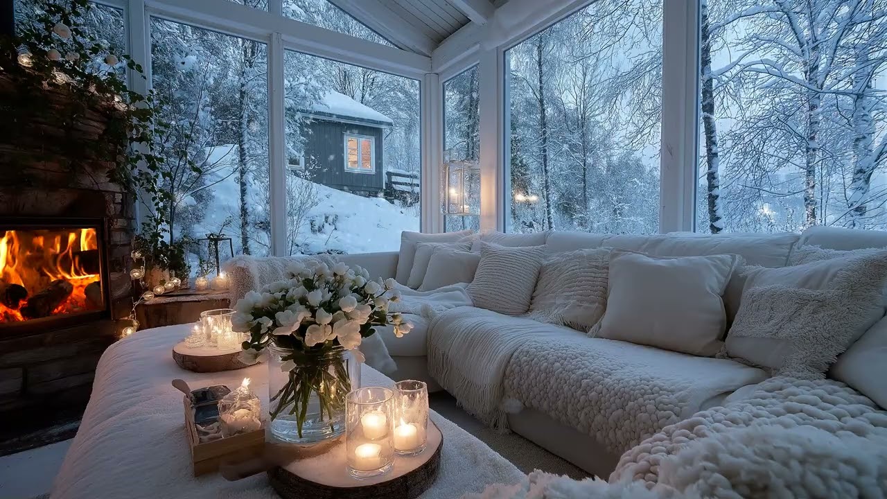 🌙🎹 Cozy White Piano Sanctuary | 5 Hours Flowers & Snowfall Lounge | Focus Sleep Meditation Healing