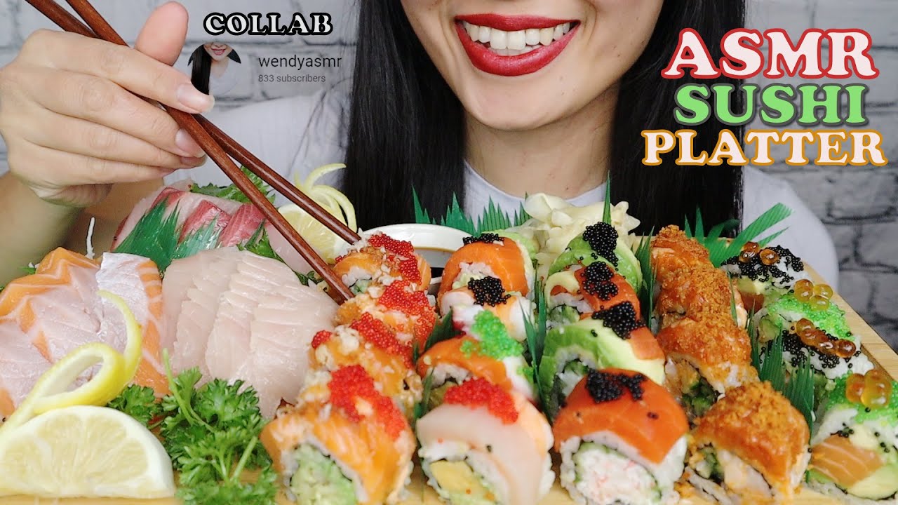 ASMR SPECIAL SUSHI & SASHIMI PLATTER *COLLAB W/ @WENDYASMR* (EATING SOUNDS, NO TALKING) - EM ASMR