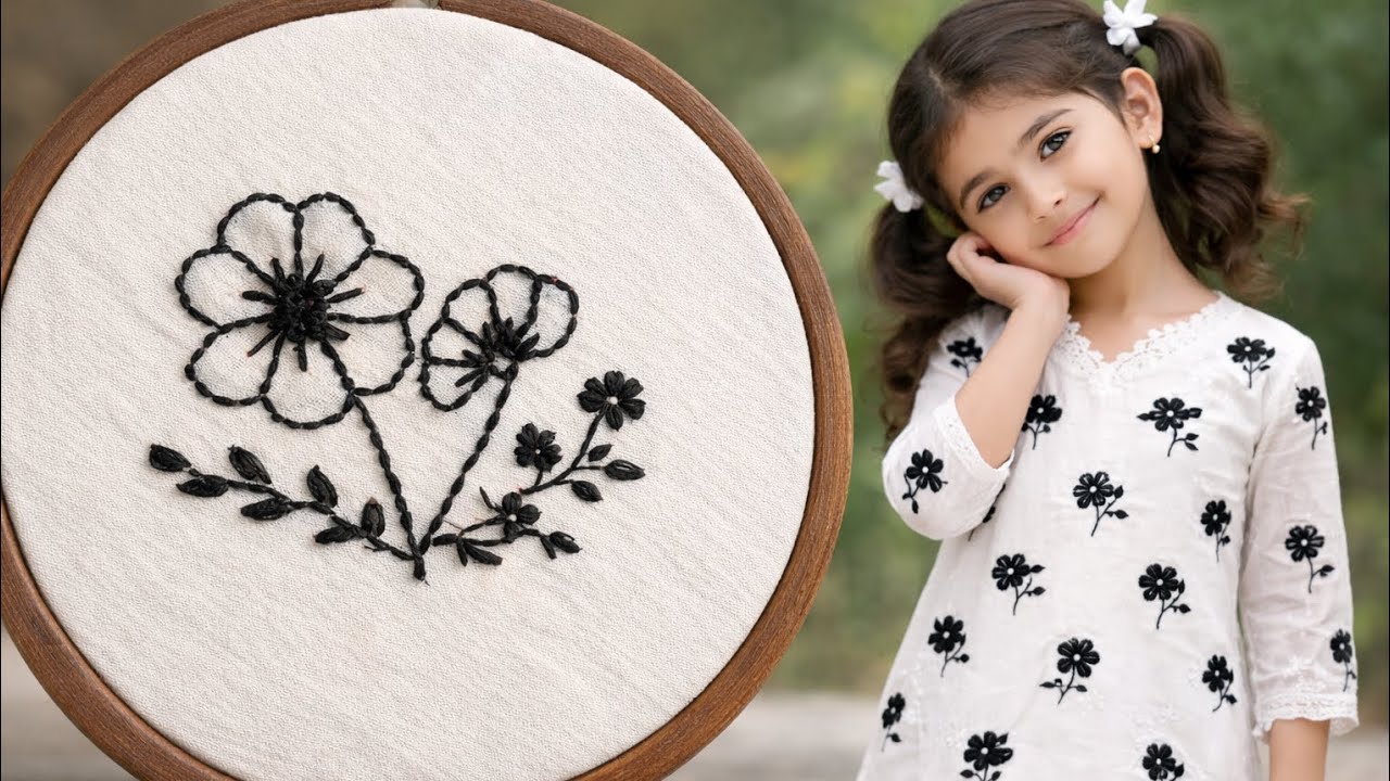 White kids kurta design with beautiful black hand embroidery 🌸#HandEmbroidery#KidsKurtaDesign