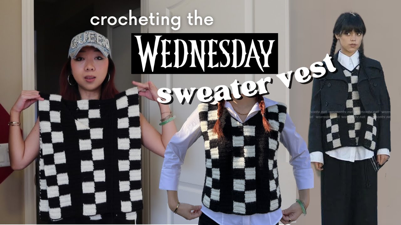 crocheting the wednesday addams checkered sweater vest (tutorial & pattern)