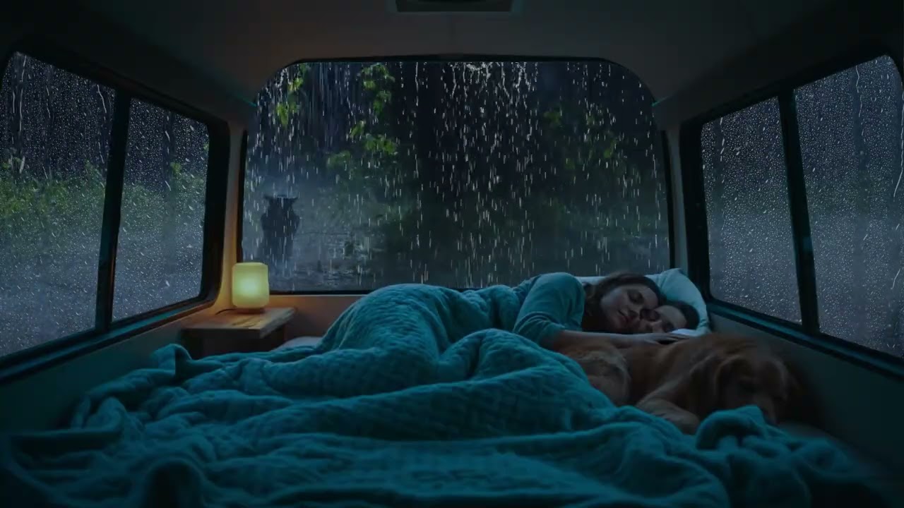 Dark Forest Rain Ambience | Cozy Camper Van Interior at Night (No Music)