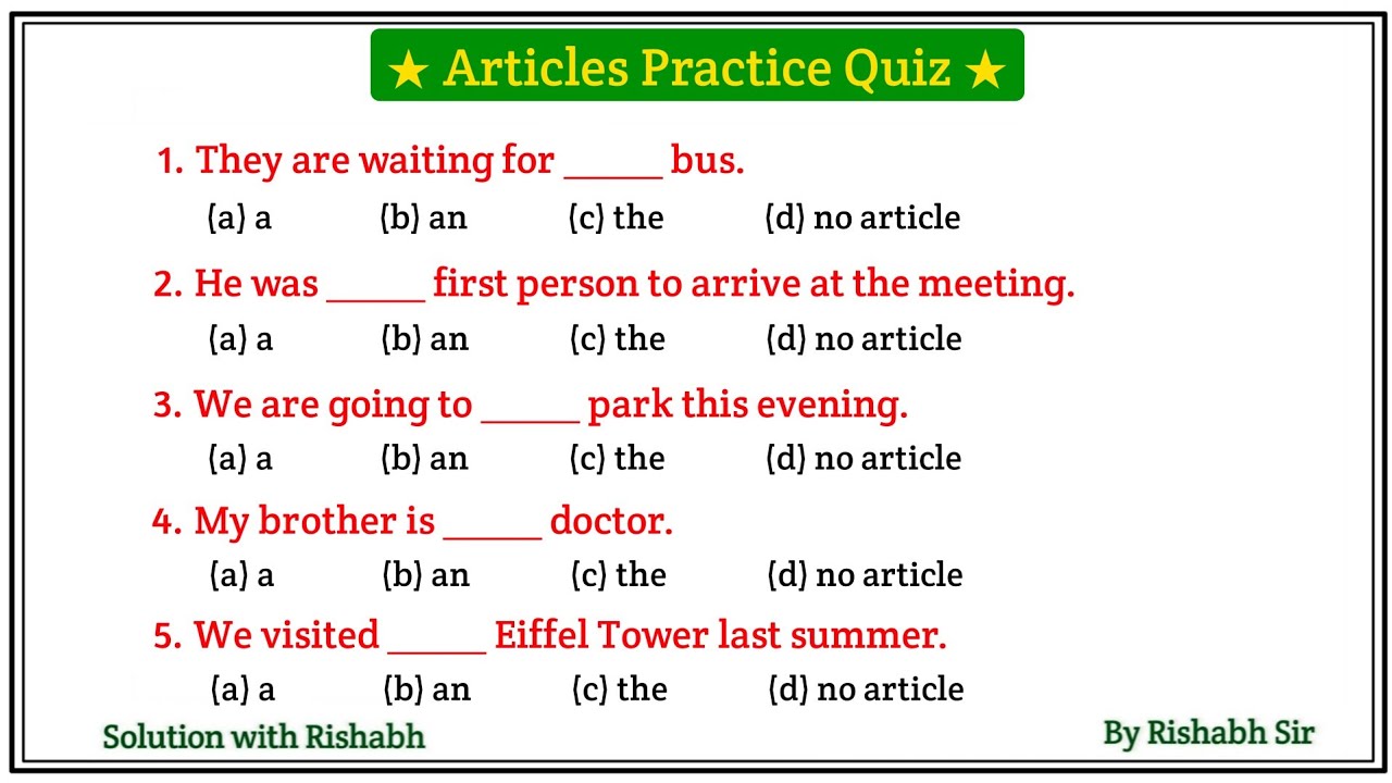 Articles A An The questions | Articles A An The in English Grammar | Articles Practice Set Exercise