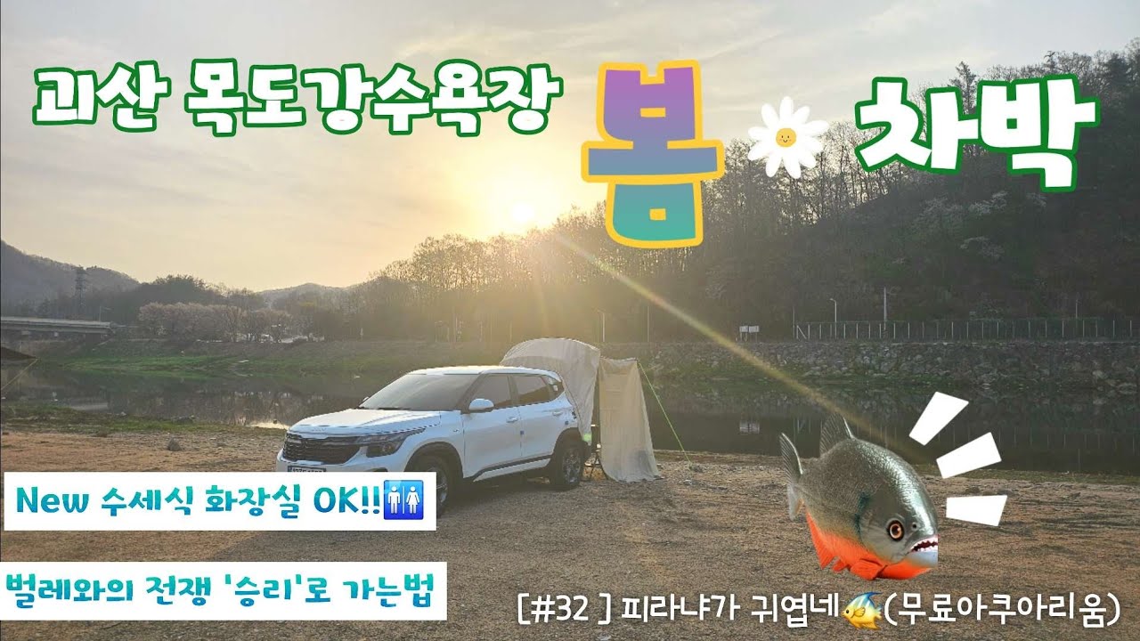 [#32]목도강수욕장 봄차박 그리고 피라냐🐠|괴산차박|목도강수욕장|수세식화장실오픈|벌레퇴치법|충북 무료아쿠아리움