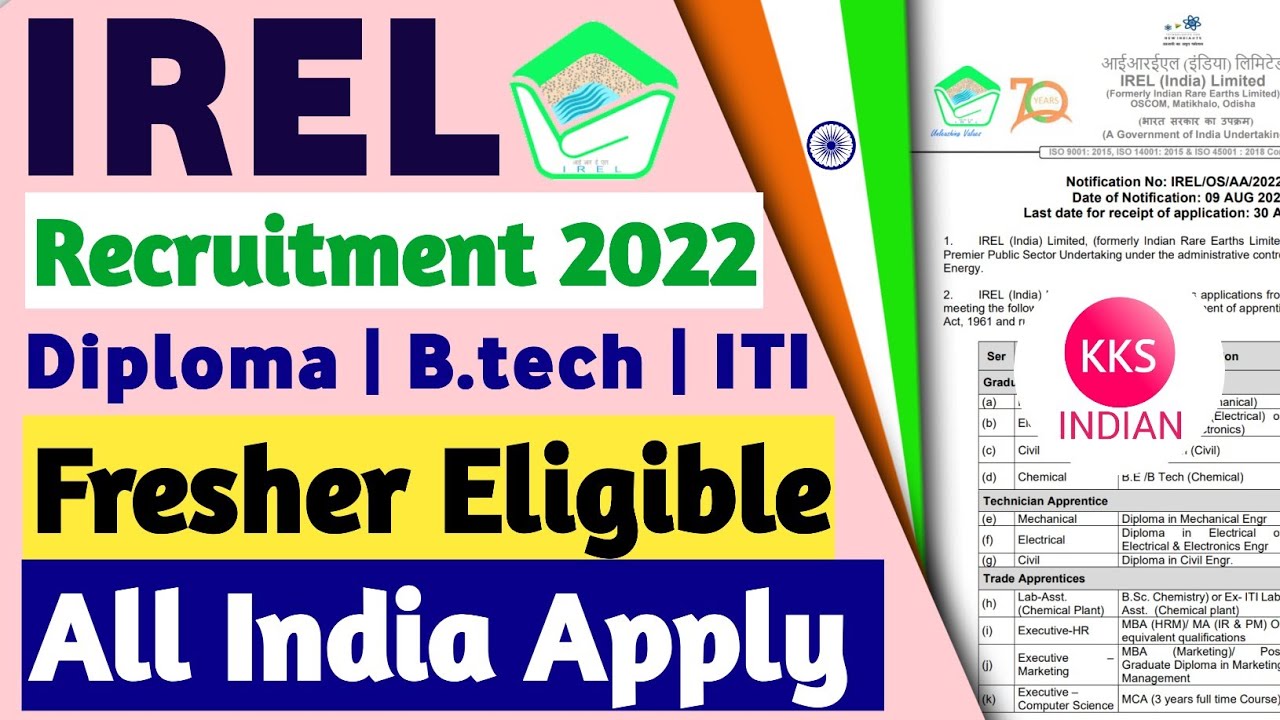 IREL Recruitment 2022 | Diploma B.tech ITI | Fresher Eligible | All India Apply | @KKSINDIAN