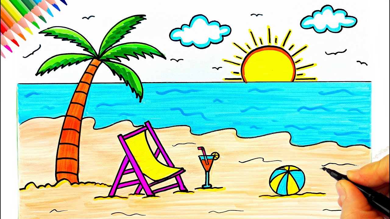 Yaz Çizimi 🌴 Ada, Deniz ve Güneş Çizimi  Deniz Resmi Çizimi - Güneş Resmi Çizimi - Plaj Resmi Çizimi