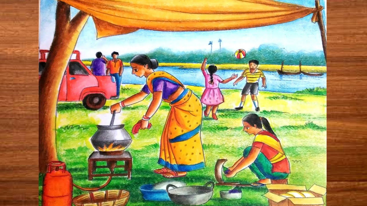 How to draw a family picnic step by step/Picnic scenery drawing with oil pastels