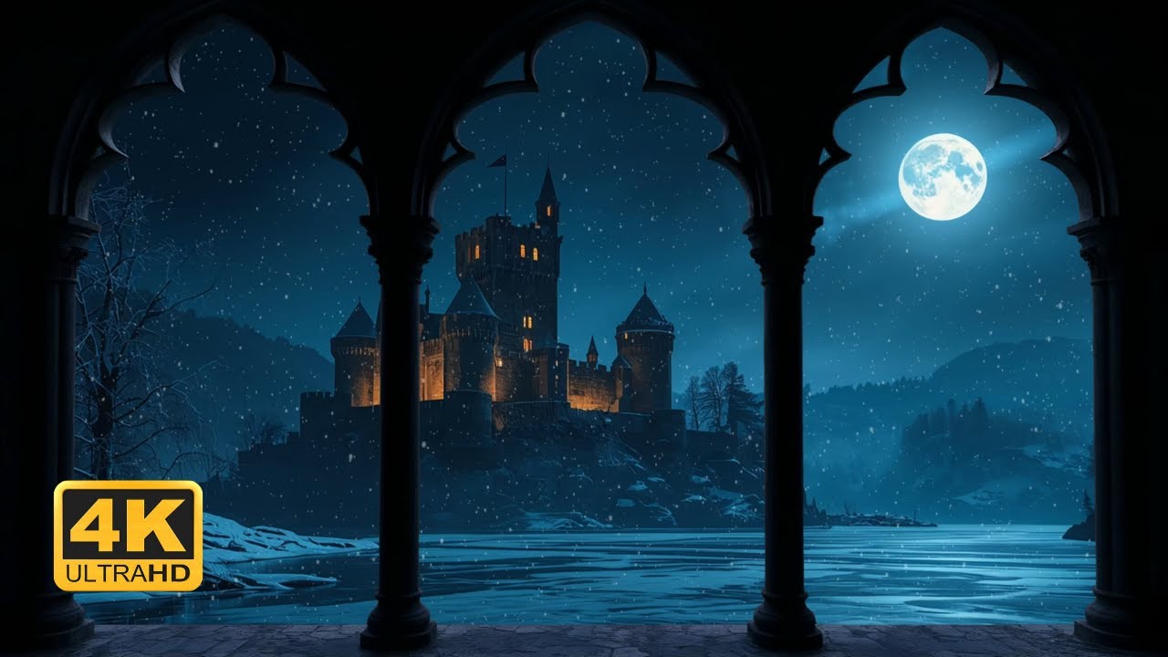 Frozen Lake Castle Window View – Snow and Wind Ambience 4K For Study and Relaxation