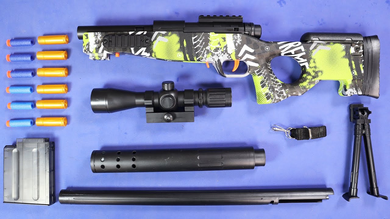 Rifle de Francotirador AWM con Municiones de Espuma y Casquillos, Prueba de Disparo | Unboxing Toys