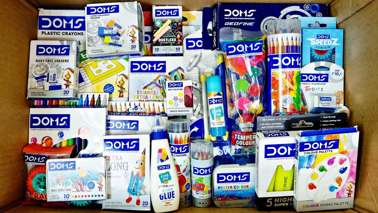 Unboxing Ultimate DOMS Stationery , Modelling Clay, Wax Crayons, Pencil, Sharpener, Water Colour
