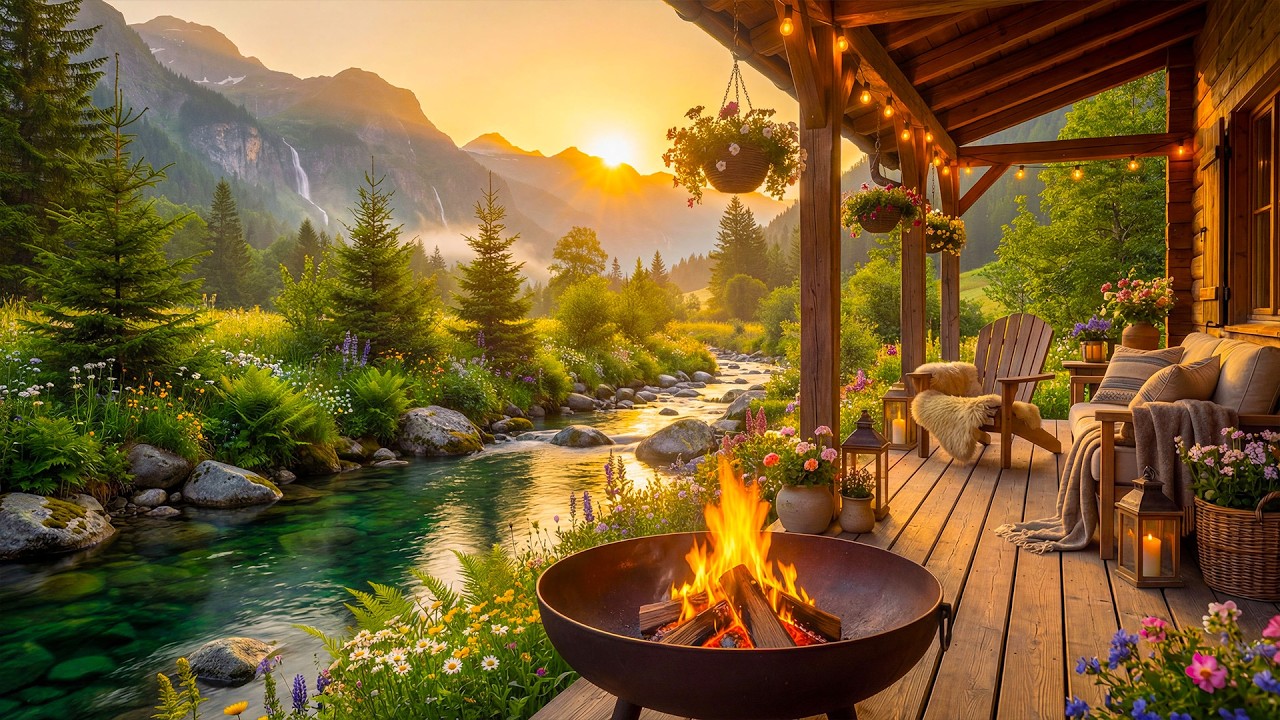 Dreamy Spring Sunset Cabin Porch Escape 🌸🔥 Relaxing River, Campfire Sounds & Birdsong for Sleep