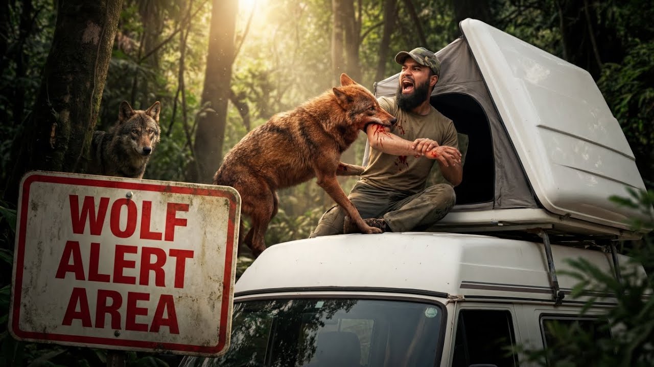 Wild Animal Alert! Wolf Attack Man in Deep Jungle | Man Injured | Campervan Stuck Mud Night Survival