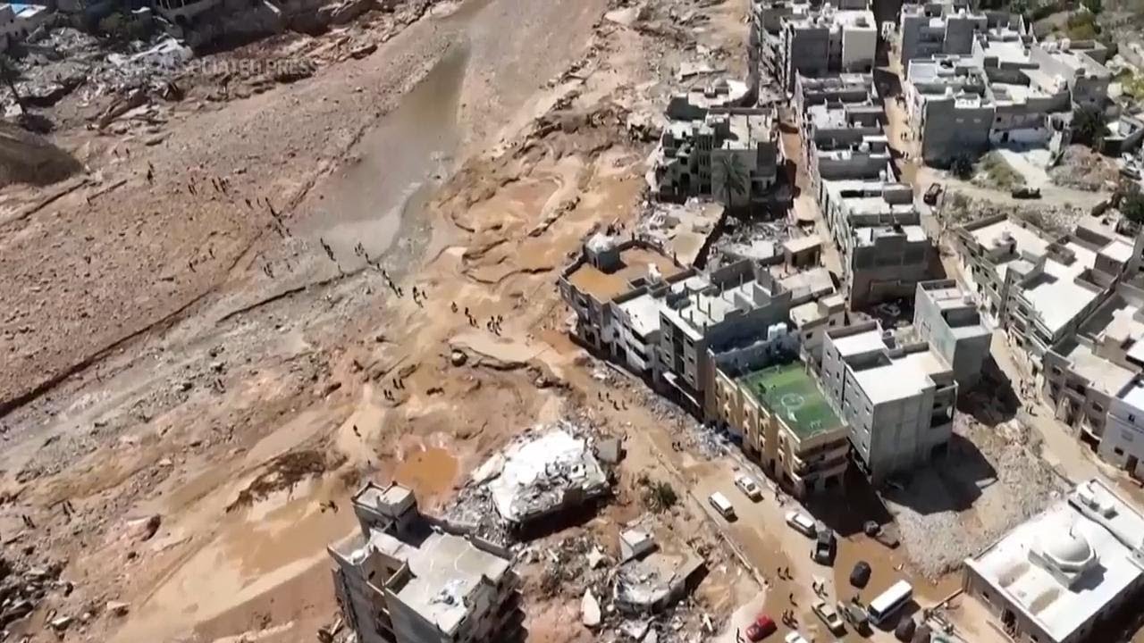 Drone footage shows massive destruction left in wake of devastating floods in eastern Libya