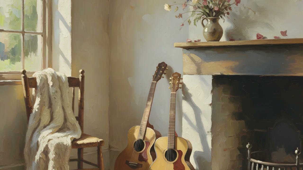 Cottagecore Guitar TV Art UHD Silent Screensaver Rural Wallpaper 2 Hours Oil Painting Background