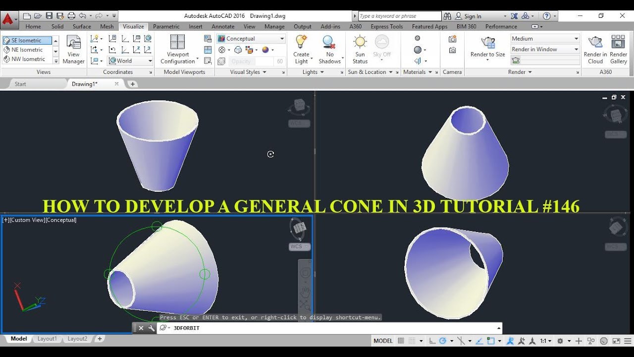 HOW TO DEVELOP A 3 DIMENSIONAL GENERAL CONE IN AUTO CAD TUTORIAL #146