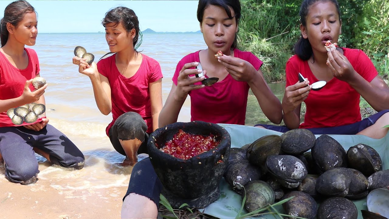 Survival skills: Pick Shells in the sand At the beach to Grilled for Lunch - My Natural Food ep 54