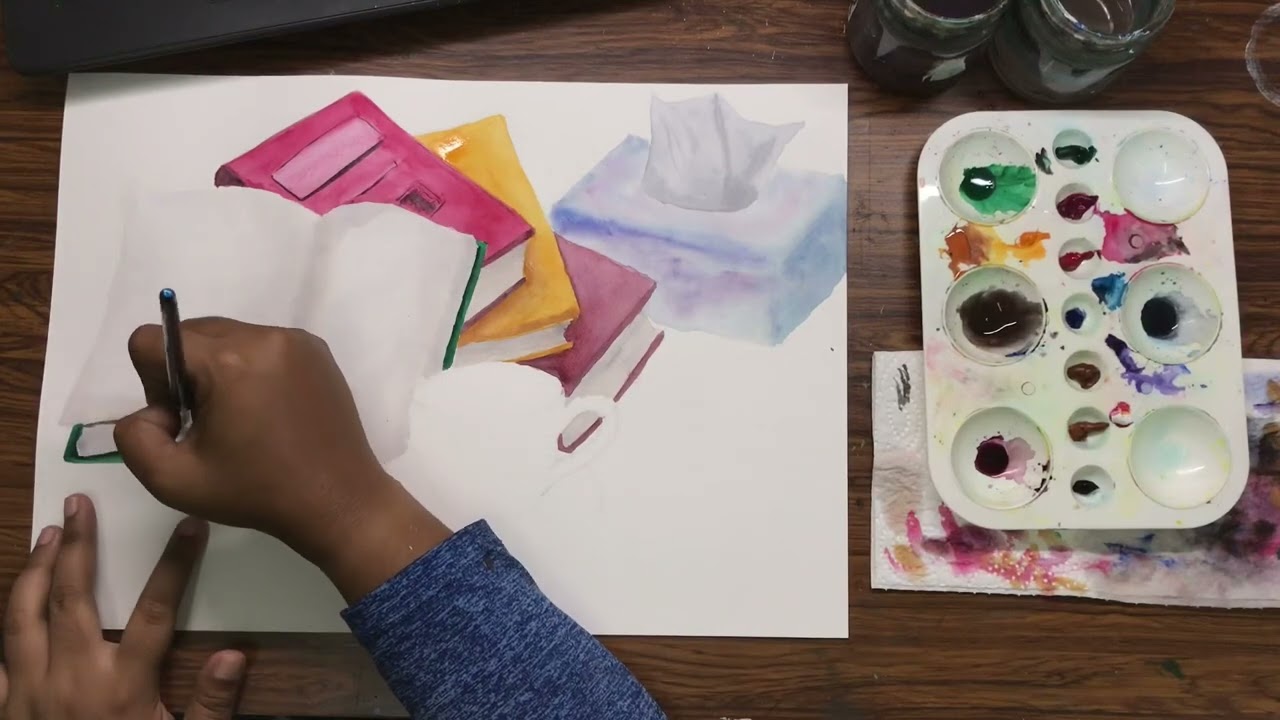 PENDIDIKKAN SENI VISUAL SPM | Buku bertindan, cawan kopi dan kotak tisu diatas meja