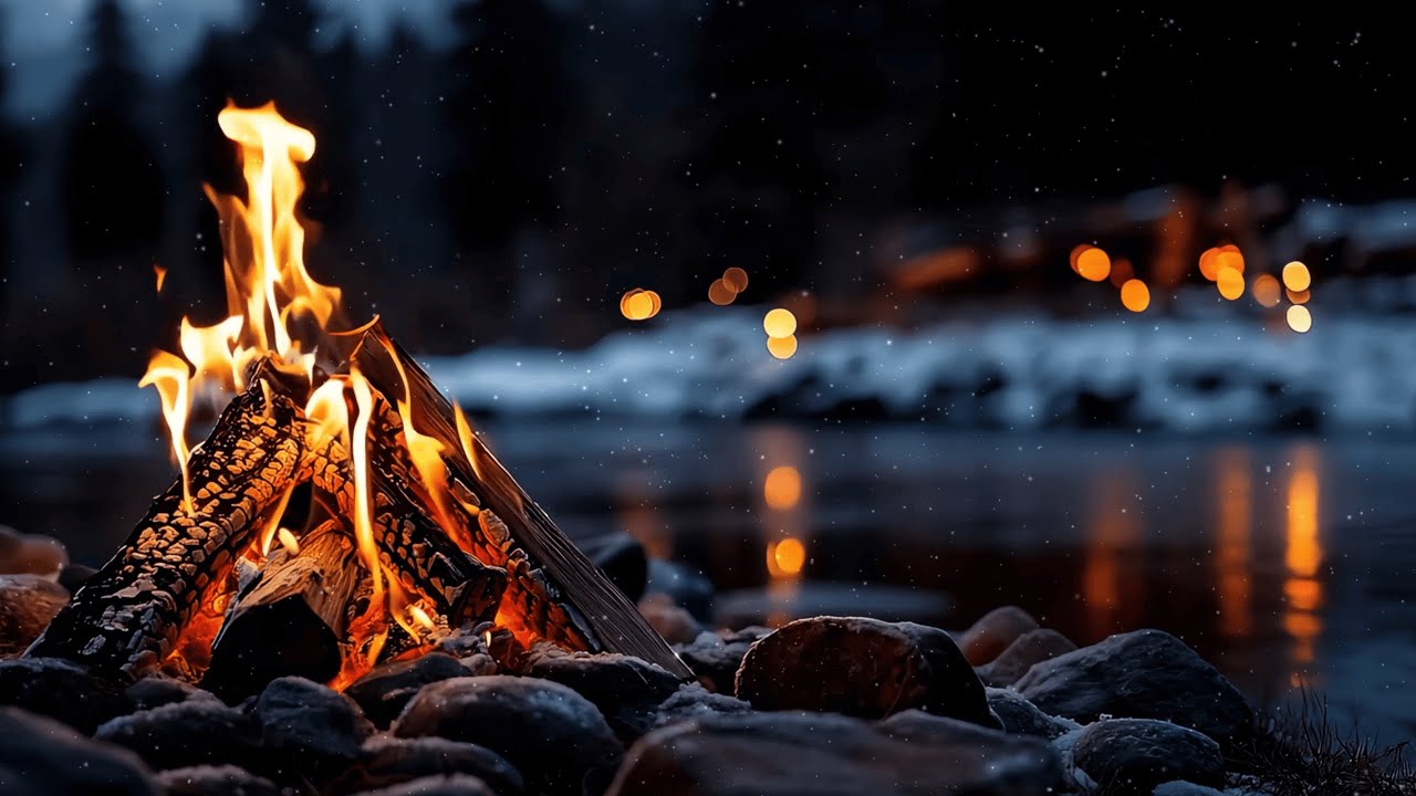 Snowfall Comfort in the Forest ❄️🔥 Crackling Fire by the River to Calm the Mind (4K ASMR)