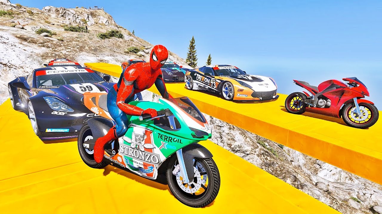 CARROS e SUPER MOTOS com HOMEM ARANHA e HERÓIS! Desafio de Carros e MOTOS na Rampa - IR GAMES